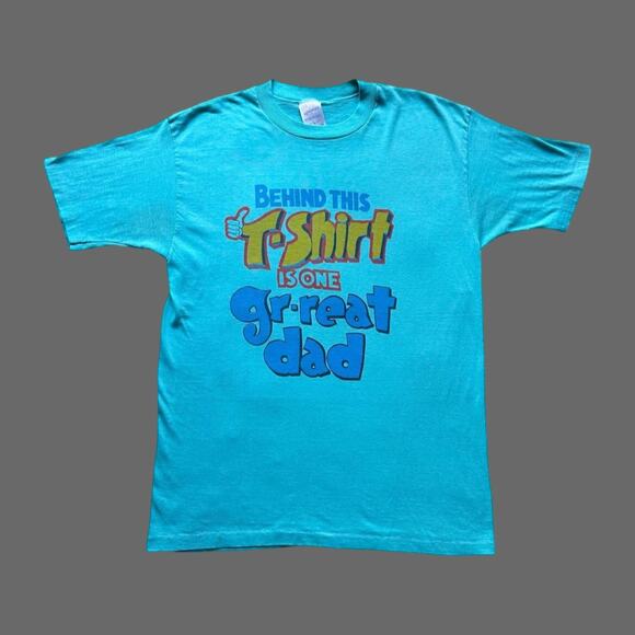RARE Vintage 70's/80's Dad Graphic Blue SS Tee Size L GUC - Picture 1 of 12